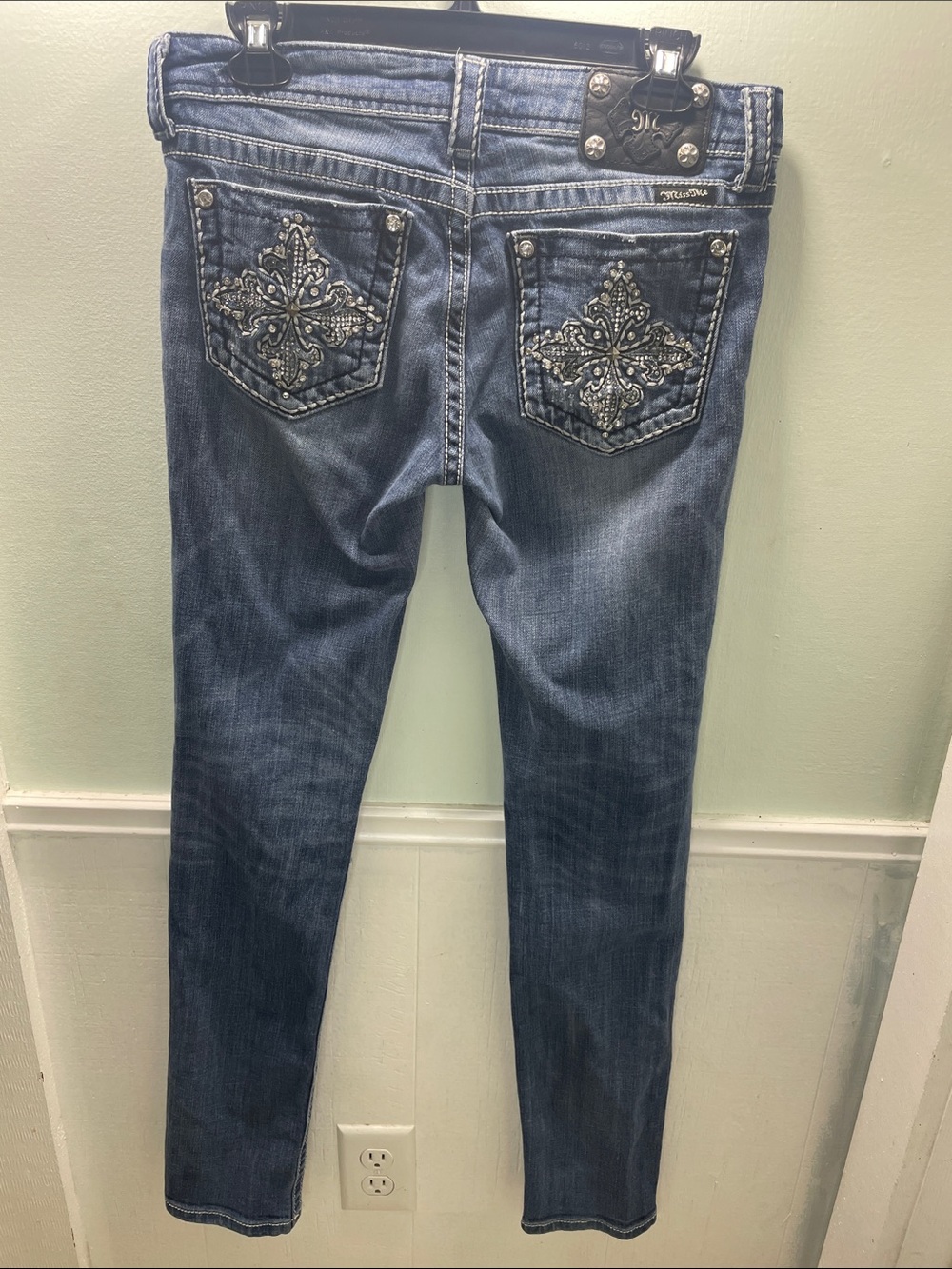 Miss Me Dark Blue Skinny Jeans with Embroidered Pockets